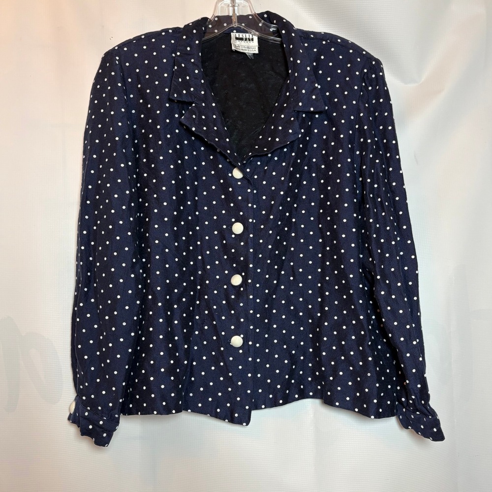 Leslie Fay Vtg Navy White Polka Dot Button Front Blouse Top Size M Classic Retro